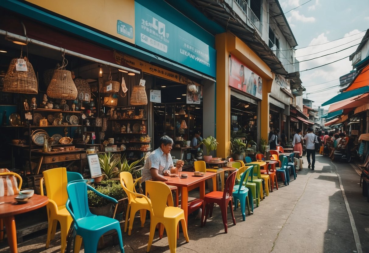 A bustling street in Johor Bahru, lined with colorful furniture shops displaying a variety of stylish and modern pieces. Customers are seen browsing and admiring the different options available