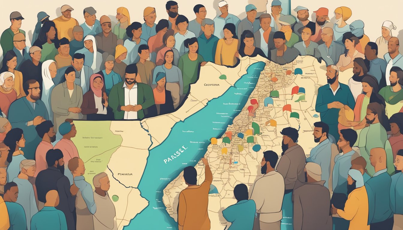 A map of Palestine with a question mark hovering above it, surrounded by diverse people in discussion