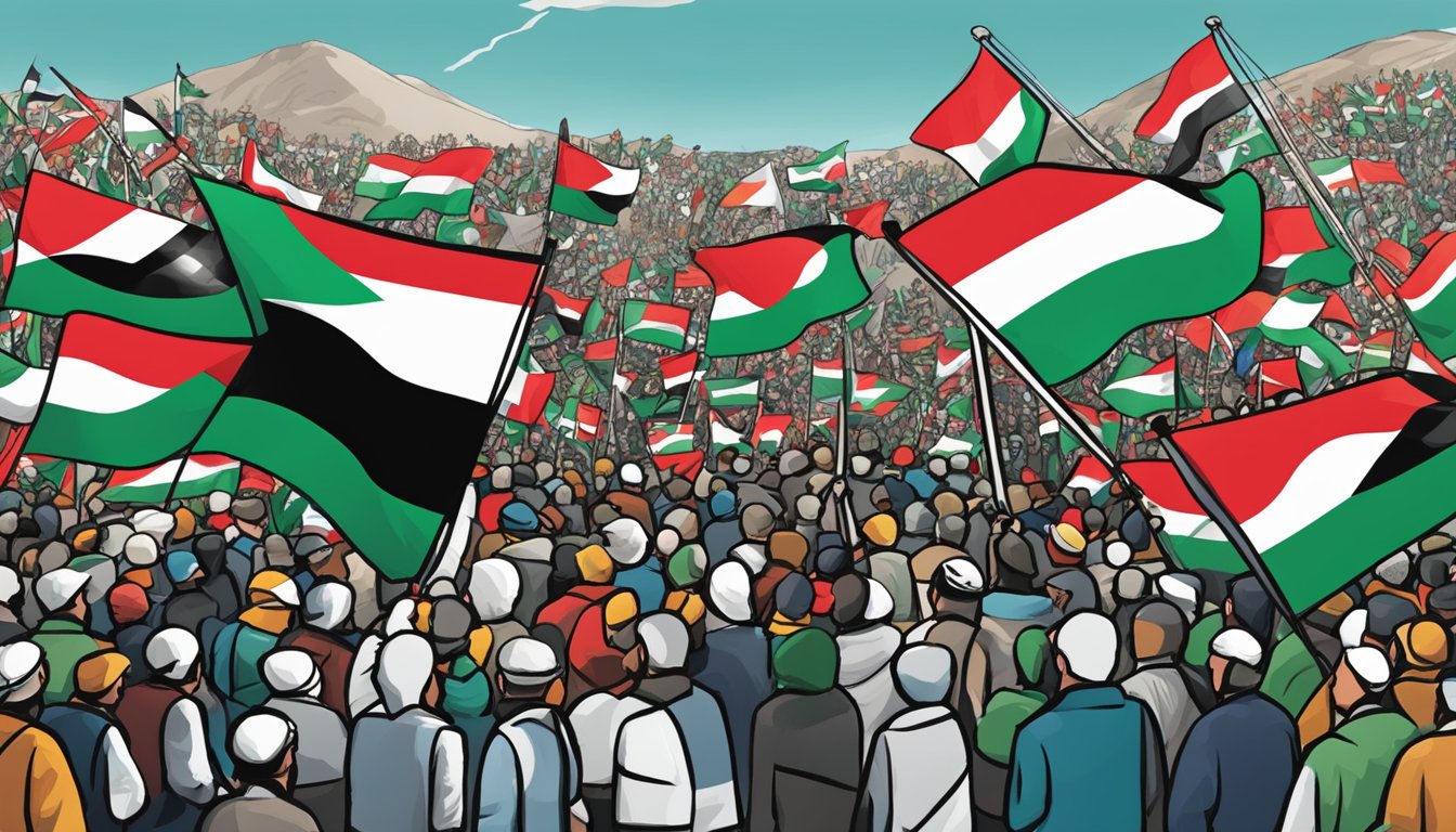 Smartwool logo surrounded by flags of Palestine and supporters, with a debate or discussion happening in the background