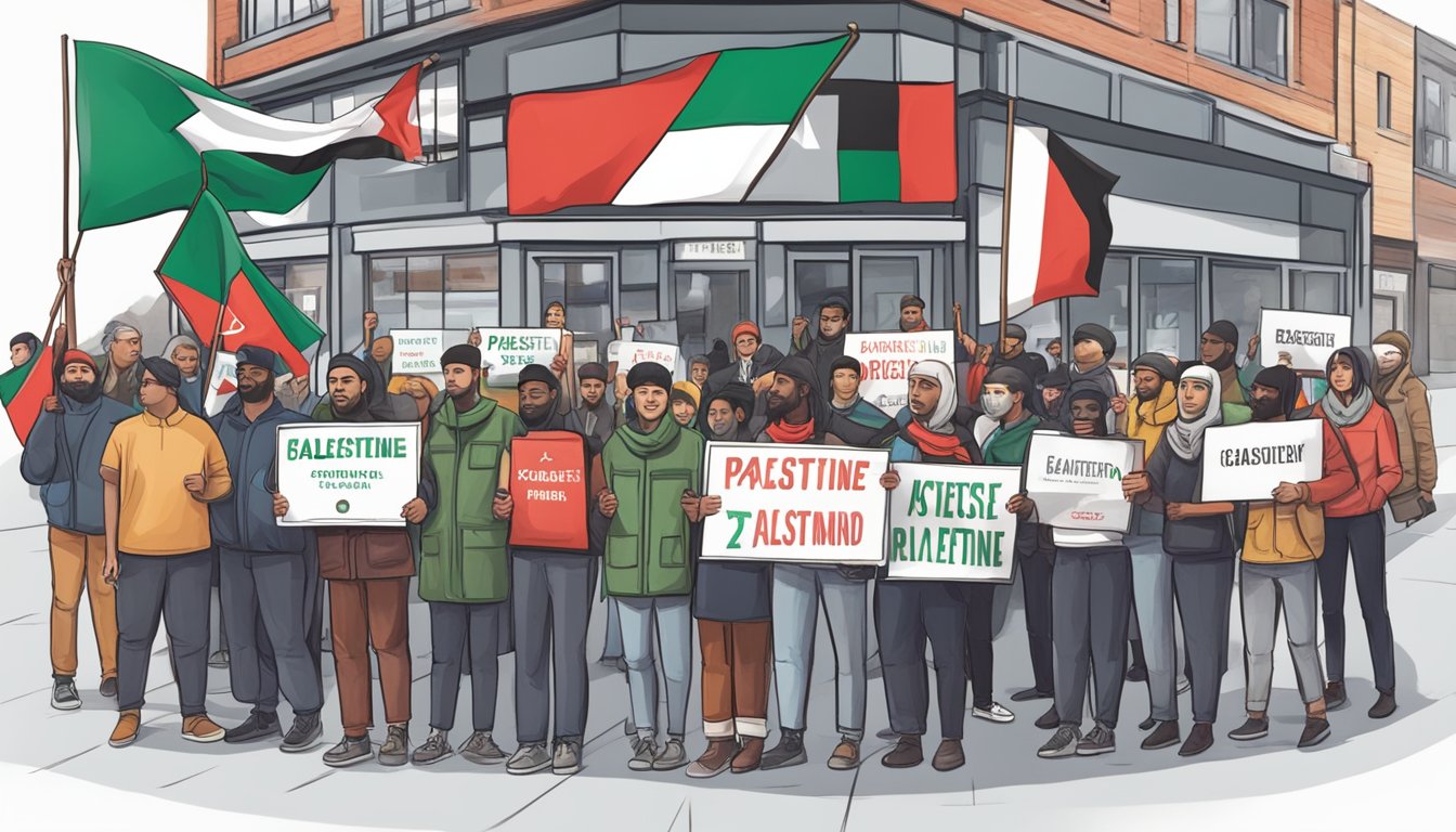 A group of people holding signs and flags in support of Palestine, gathered in front of an Icebreaker store