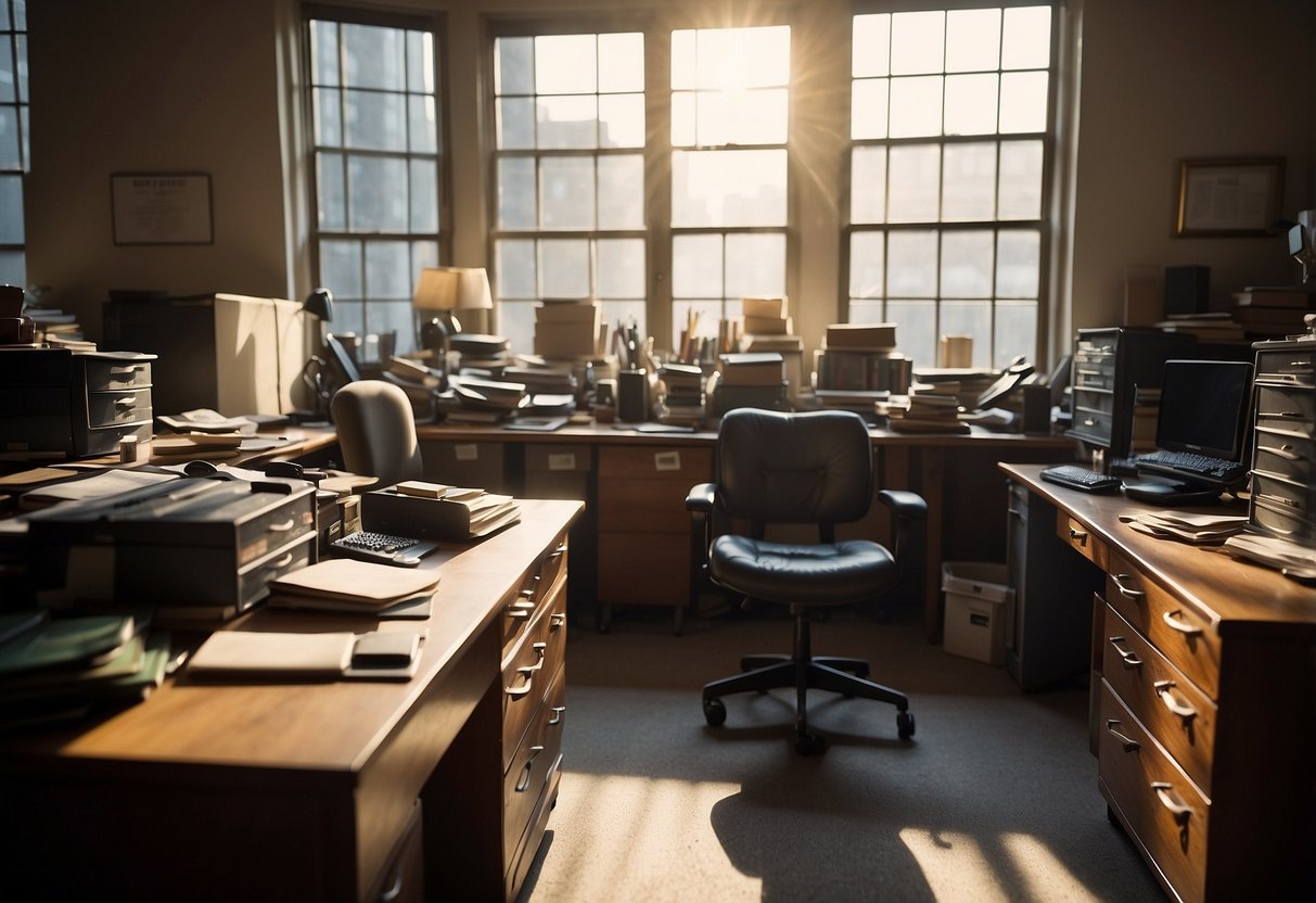 A cluttered office space with mismatched desks, chairs, and filing cabinets. Sunlight streams through the dusty windows, casting shadows on the worn furniture