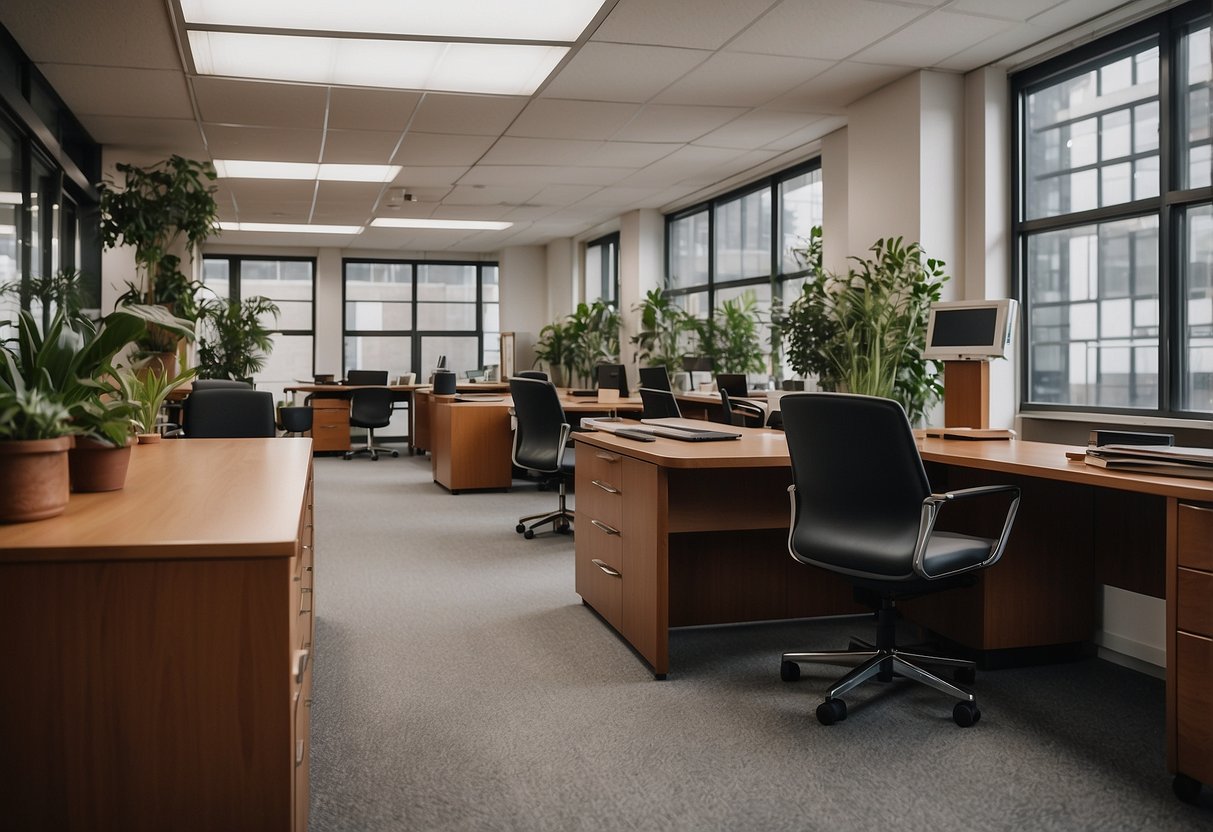 An office space filled with second-hand furniture, showcasing a variety of desks, chairs, and filing cabinets. The space exudes a sense of practicality and cost-effectiveness, with a mix of modern and vintage pieces creating a comfortable and functional work environment