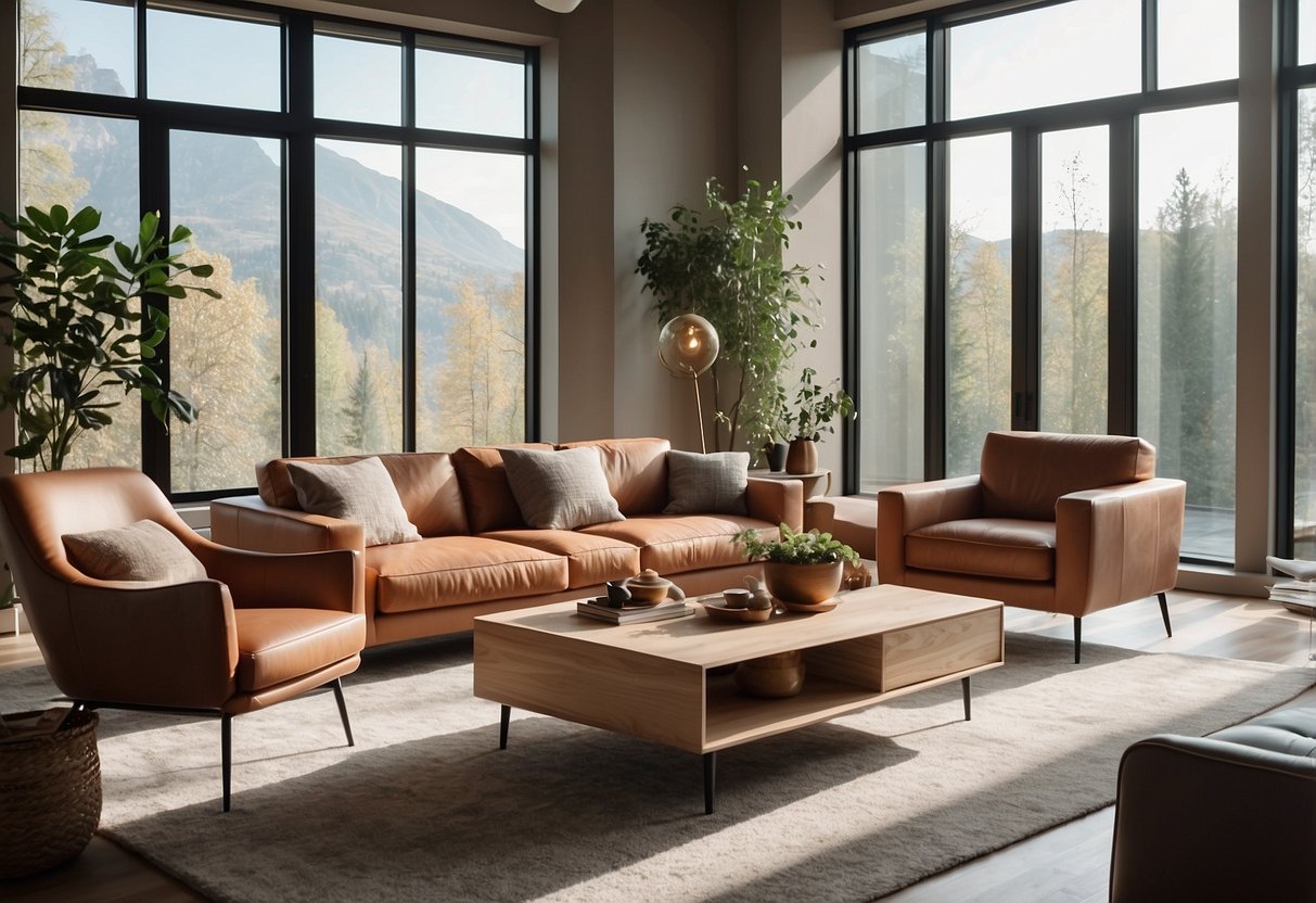 A cozy living room with Baxter furniture, featuring a modern sofa, a sleek coffee table, and a stylish armchair. The room is bathed in warm natural light from large windows, creating a welcoming and inviting atmosphere