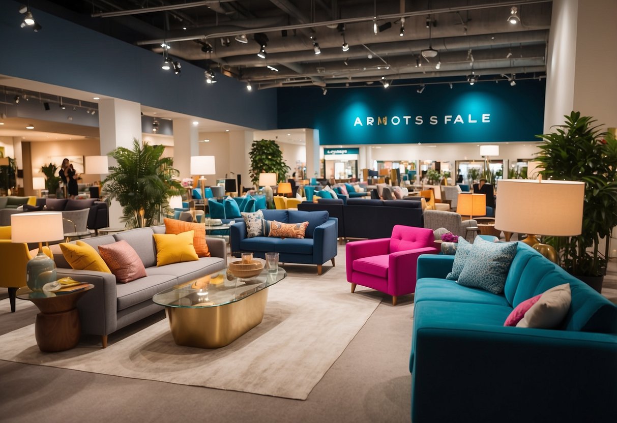 A bustling furniture showroom with colorful displays, bright banners, and busy shoppers during the Arnotts furniture sale