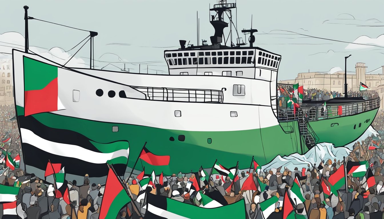 Icebreaker symbolizes support for Palestine with flags and banners at a public demonstration