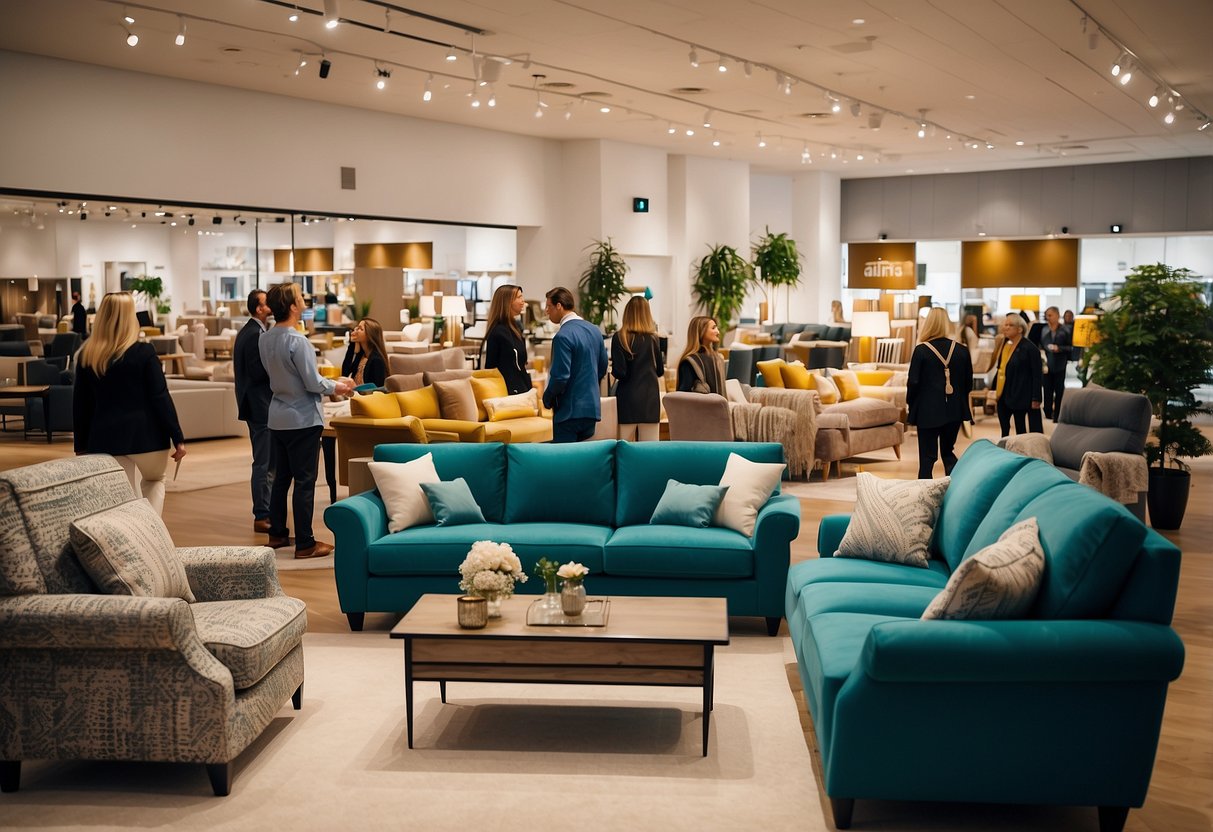 Arnotts Furniture Sale: Crowds browsing discounted sofas, tables, and chairs in a bright, spacious showroom with colorful decor displays