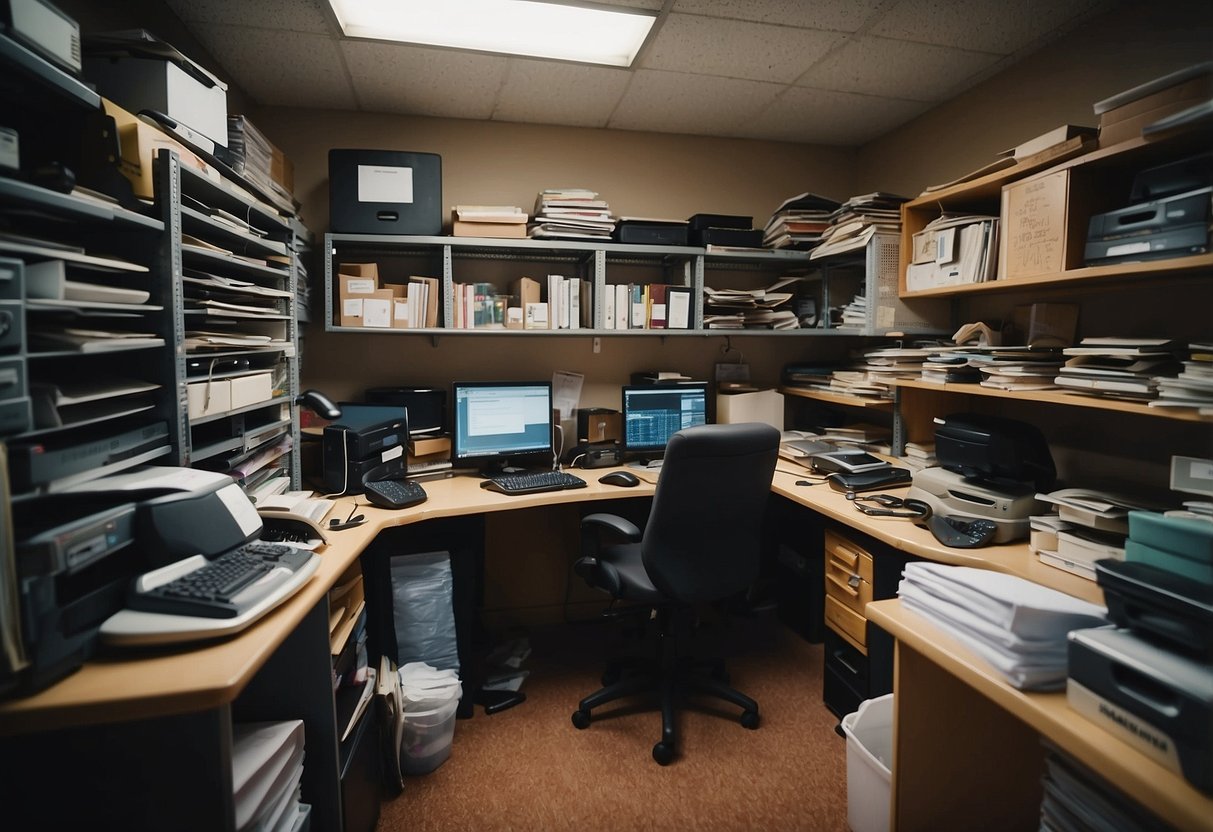 A cluttered office space with mismatched desks and chairs, shelves filled with used office supplies, and a person browsing through the selection with a thoughtful expression