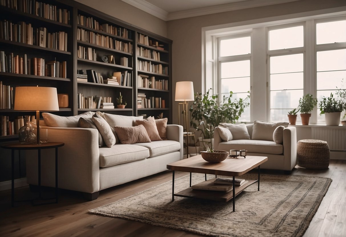 A cozy living room with a plush sofa, elegant coffee table, and stylish lamps. A bookshelf filled with books, and a soft rug on the floor