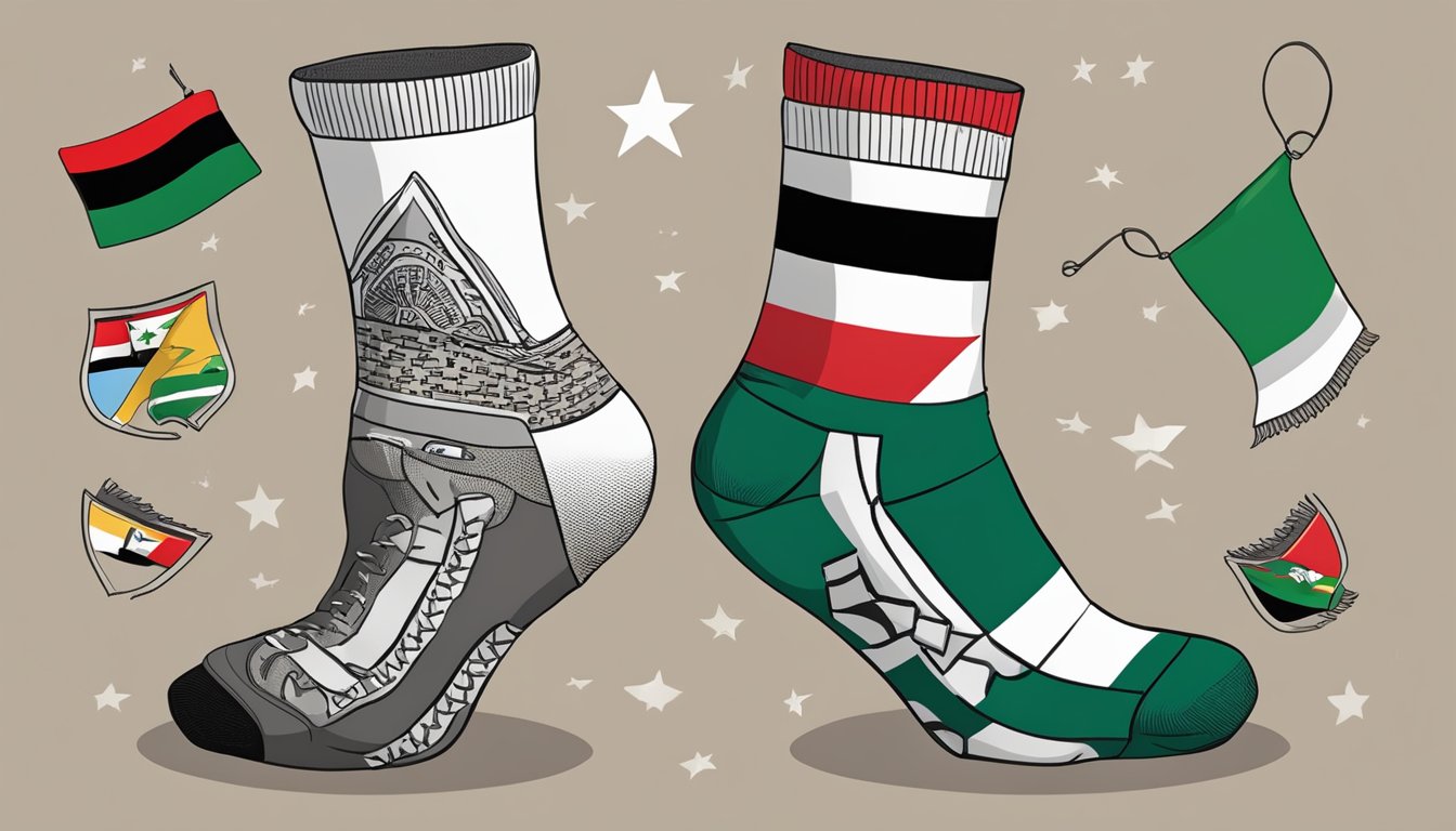 A pair of Darn Tough socks with a Palestinian flag design, surrounded by supportive messages and symbols of solidarity