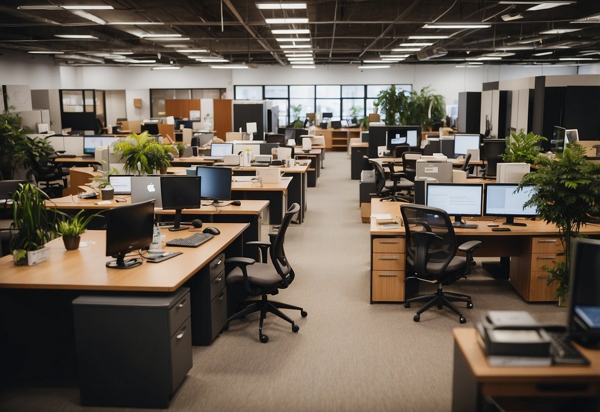A bustling office furniture showroom with customers browsing and staff assisting. Various desks, chairs, and cabinets are displayed with price tags