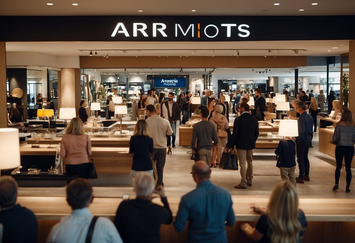 A crowded furniture store with customers browsing and asking questions about the ongoing Arnotts furniture sale. Display signs and sales representatives are visible