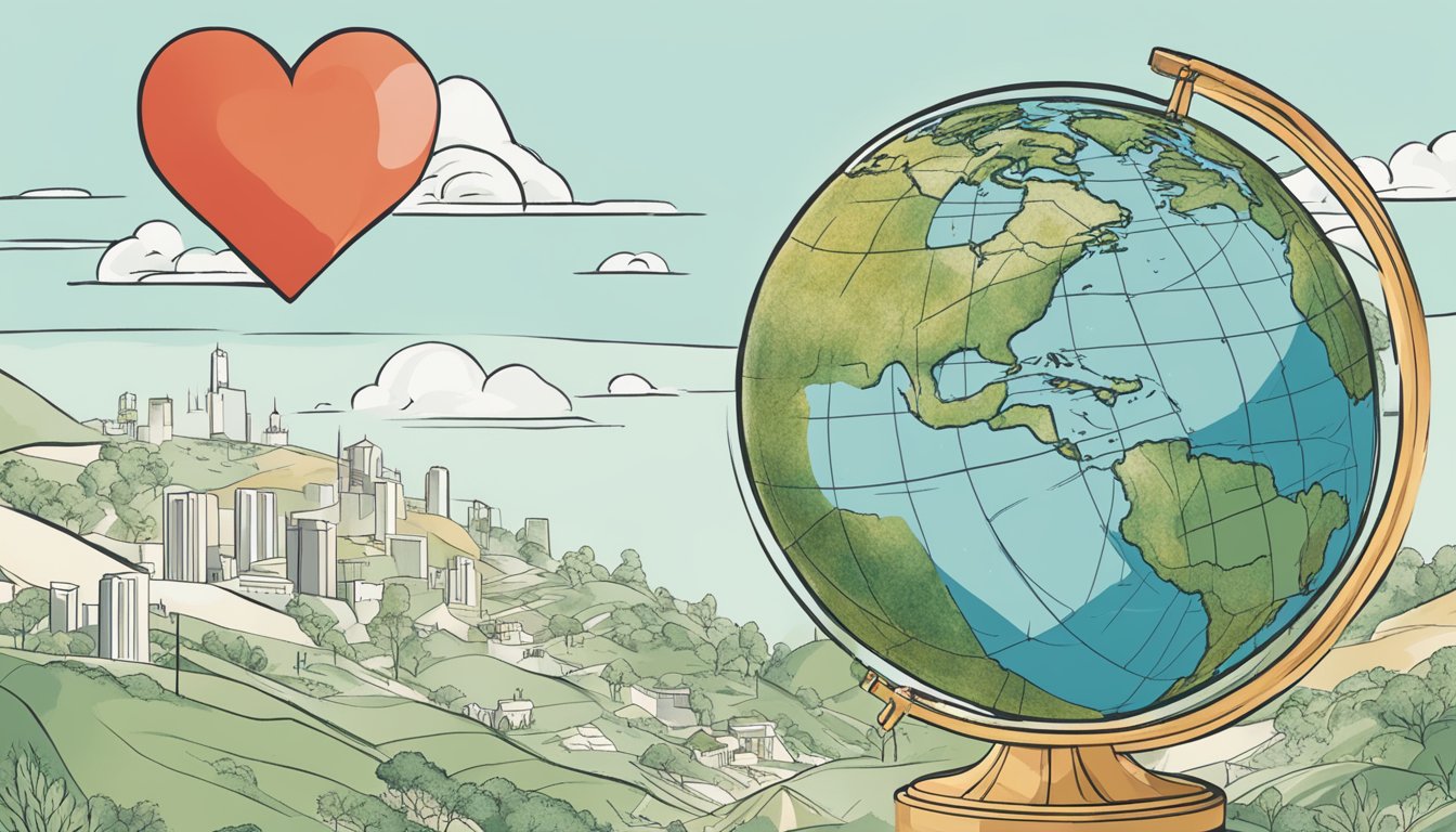 Darn Tough's support for Palestine: A globe with a red heart over the region, surrounded by sustainable and ethical business practices