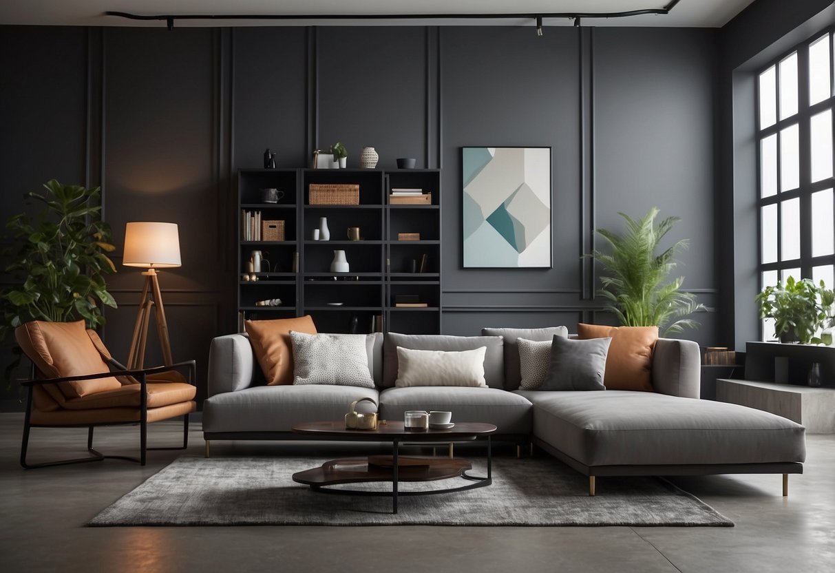 A room with modern furniture, including a sleek Baxter sofa and coffee table, surrounded by shelves of home decor and a large "Frequently Asked Questions" sign on the wall