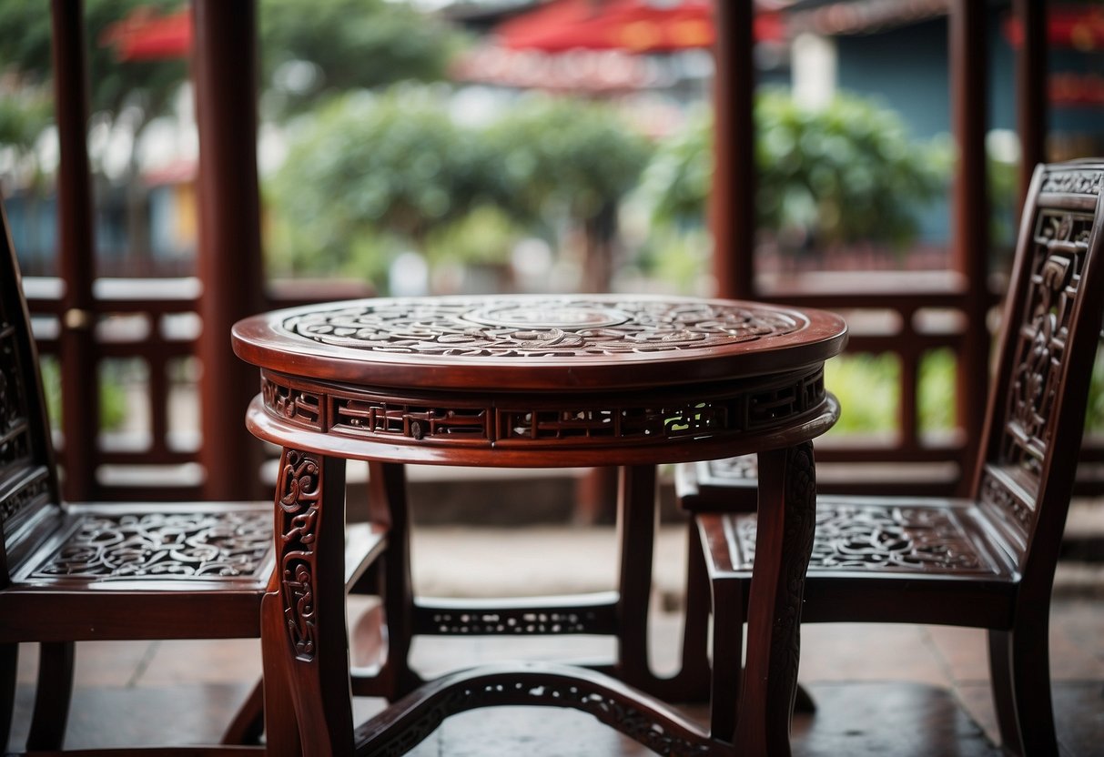 A traditional Chinese wooden chair and table, intricately carved with ornate designs and lacquered in deep red and black hues