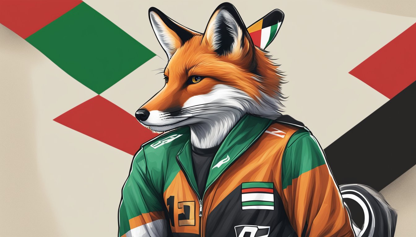 A fox with a racing logo stands in front of the Palestinian flag