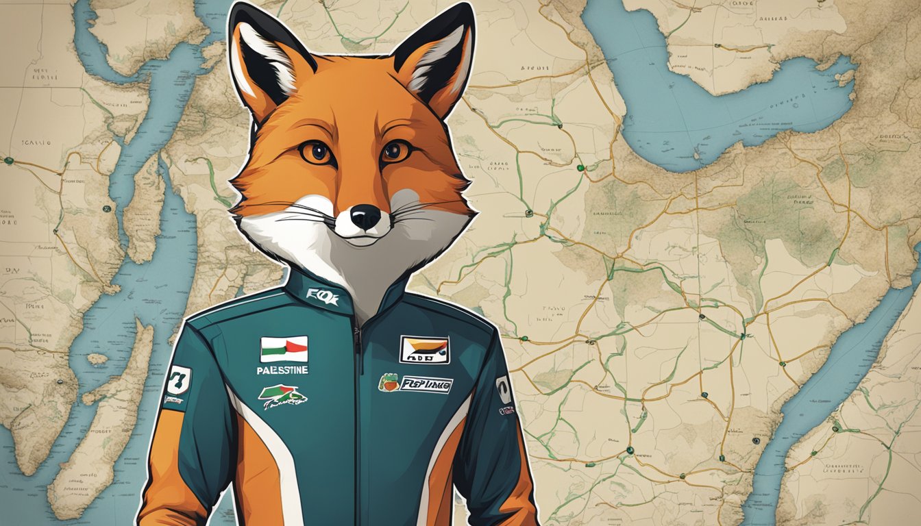 A fox wearing a racing uniform stands in front of a map of Palestine, with the Fox Racing logo displayed prominently