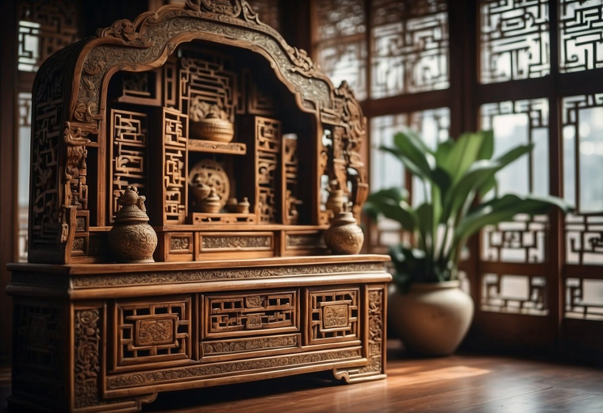 Chinese furniture, intricately carved with symbolic motifs, sits in a grand, ornate room adorned with traditional Chinese art and artifacts