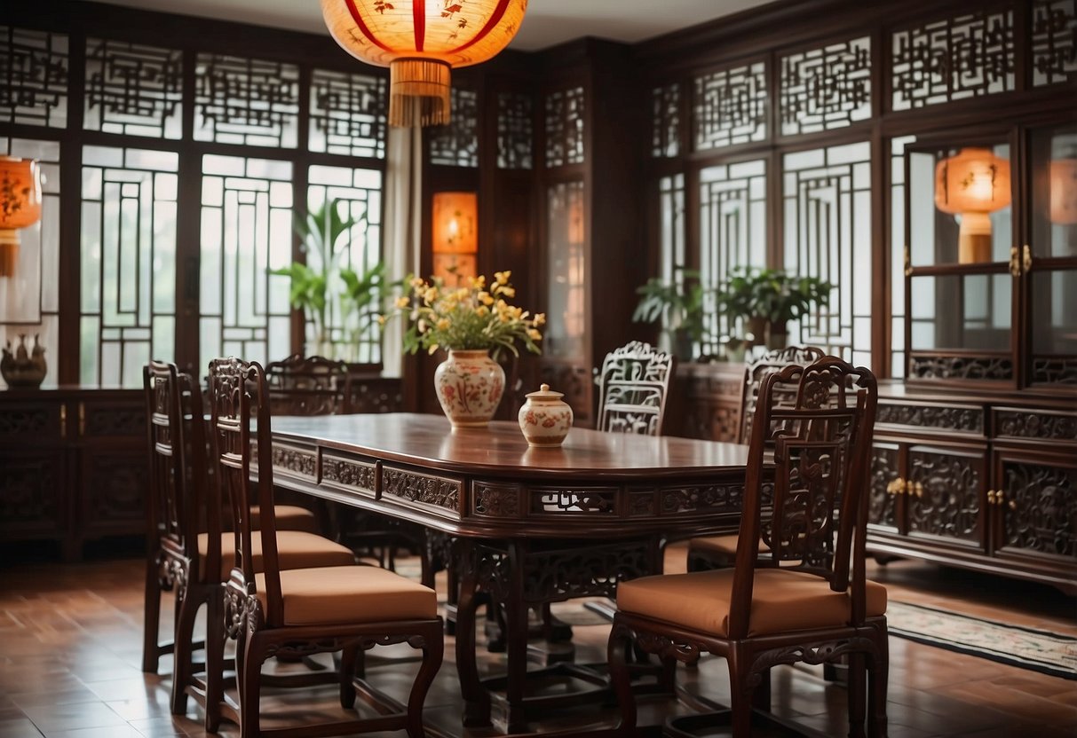 A room filled with traditional Chinese furniture, including intricately carved wooden chairs, ornate tables, and elegant cabinets with lacquered finishes