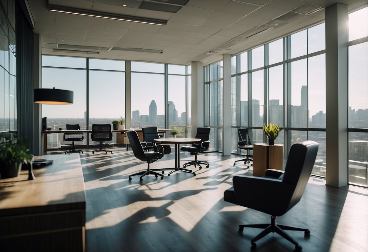 A modern office with sleek bfx furniture, clean lines, and minimalist design. Bright natural light streams in through large windows, illuminating the space