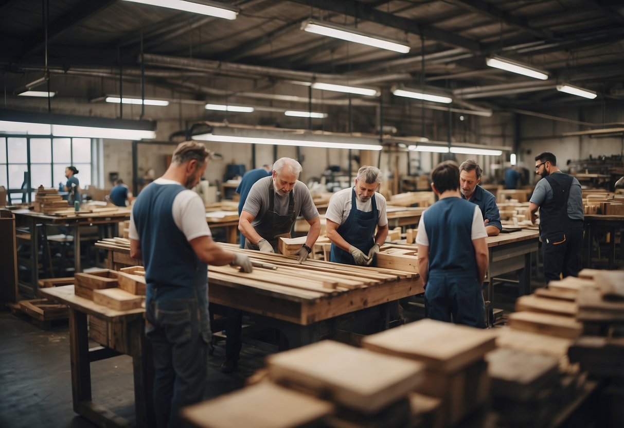 A bustling workshop filled with skilled workers meticulously crafting and inspecting high-quality furniture, while a dedicated team provides unwavering support to customers