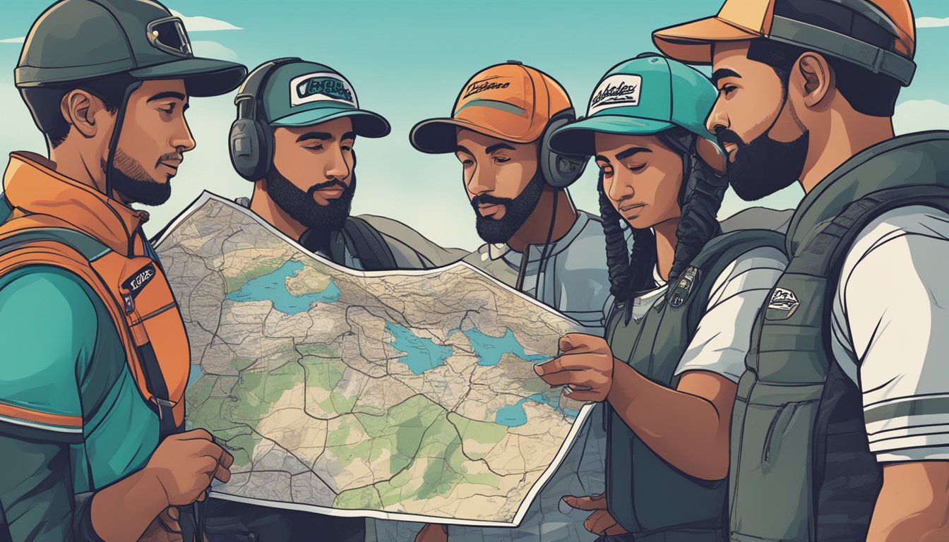 A group of people wearing Troy Lee Designs apparel gather around a map of Palestine, showing support for the region. The brand's logo is prominently displayed, symbolizing their commitment to the cause