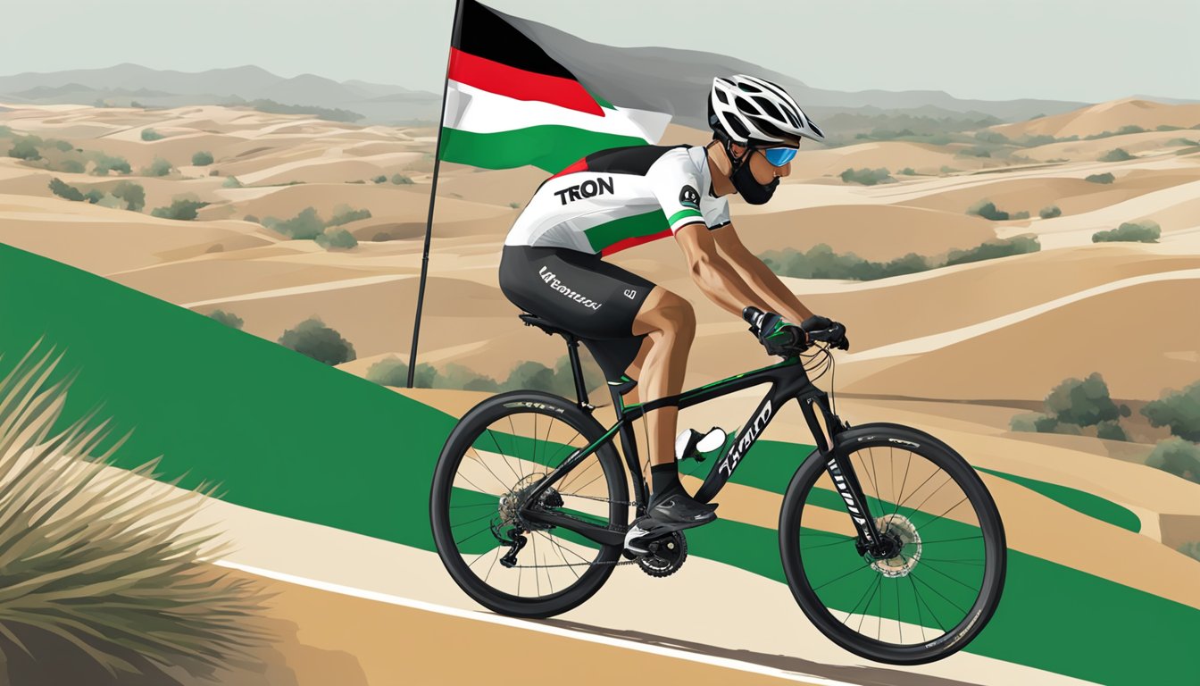 Troy Lee Designs supports Palestine. A cyclist wears the brand's gear while riding through a landscape featuring the Palestinian flag