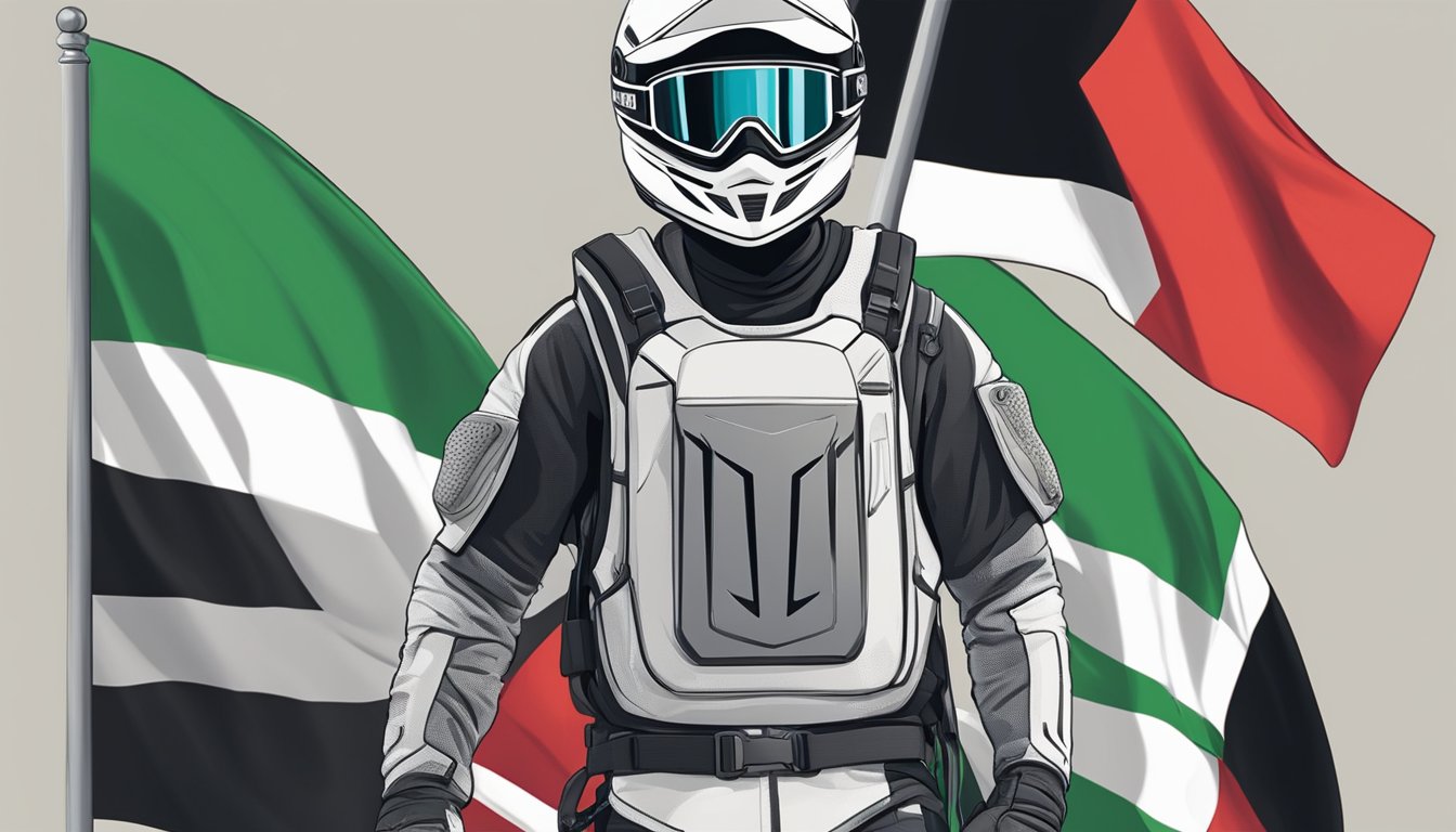 A person wearing Troy Lee Designs gear stands in front of a Palestinian flag, holding a sign of support