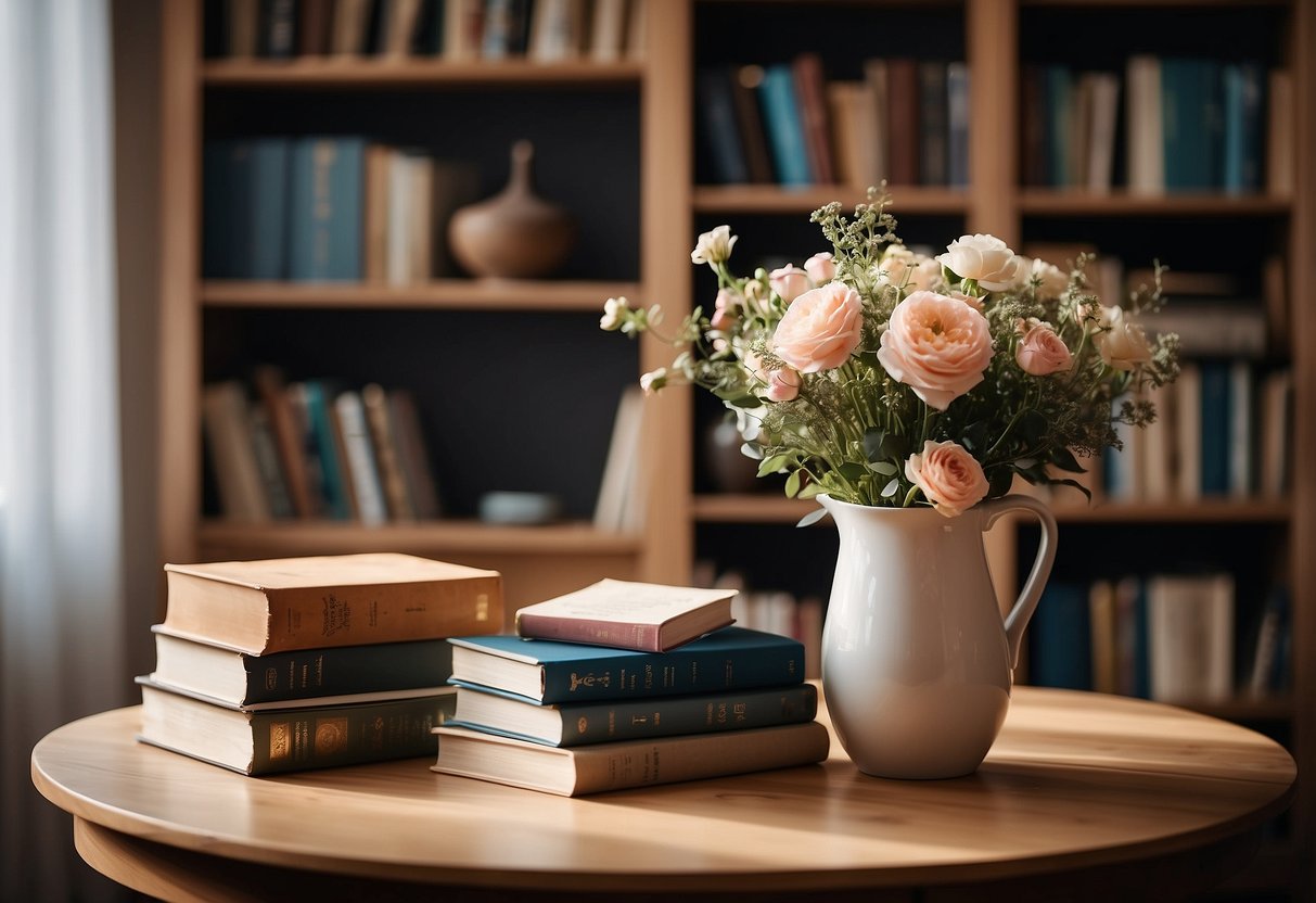 A wooden table with a vase of flowers, a chair, and a bookshelf with books and decorative items