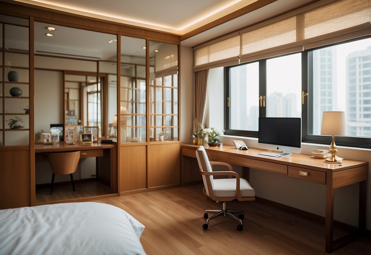 A room with a table, chair, bed, and cabinet. Each item labeled in Mandarin characters: 桌子, 椅子, 床, and 橱柜