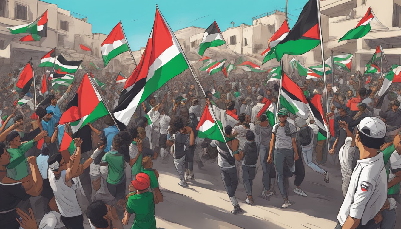 A vibrant Palestinian flag waves in the wind, surrounded by supporters wearing Alpinestars branded clothing and accessories. The scene is filled with energy and passion for the cause