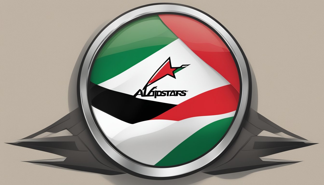 A corporate logo of Alpinestars with a backdrop of the Palestinian flag and a message of support for Palestine displayed prominently