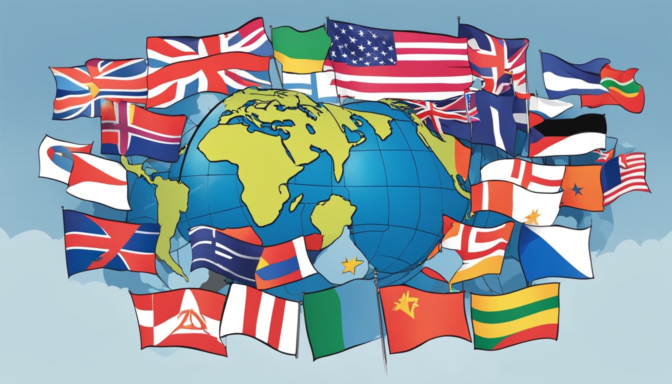 Alpinestars logo displayed at a global summit, surrounded by flags from various countries. A globe in the background symbolizes international relations