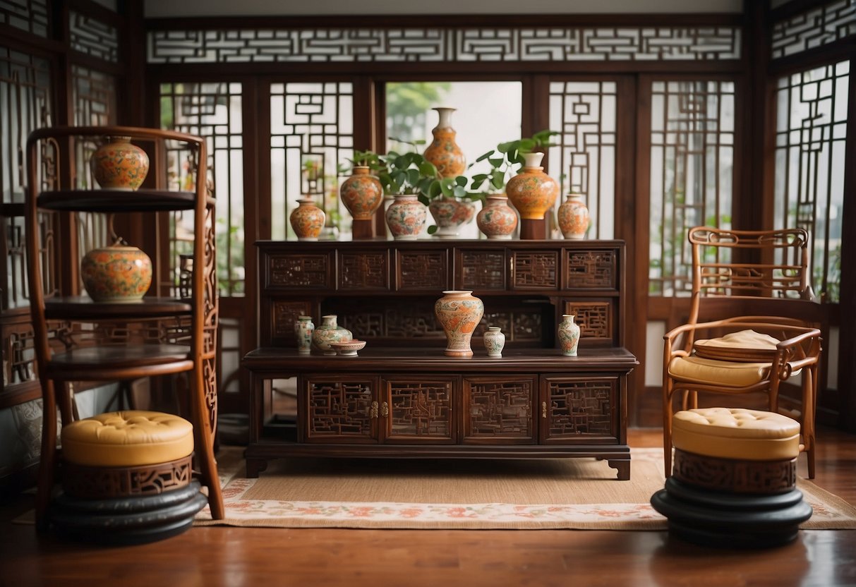 A traditional Chinese furniture set displayed with labeled Mandarin terms
