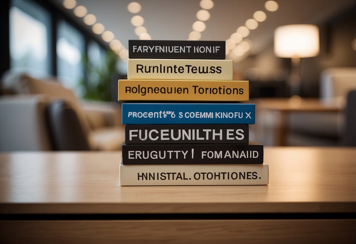 A stack of furniture with "Frequently Asked Questions" written in Mandarin on labels