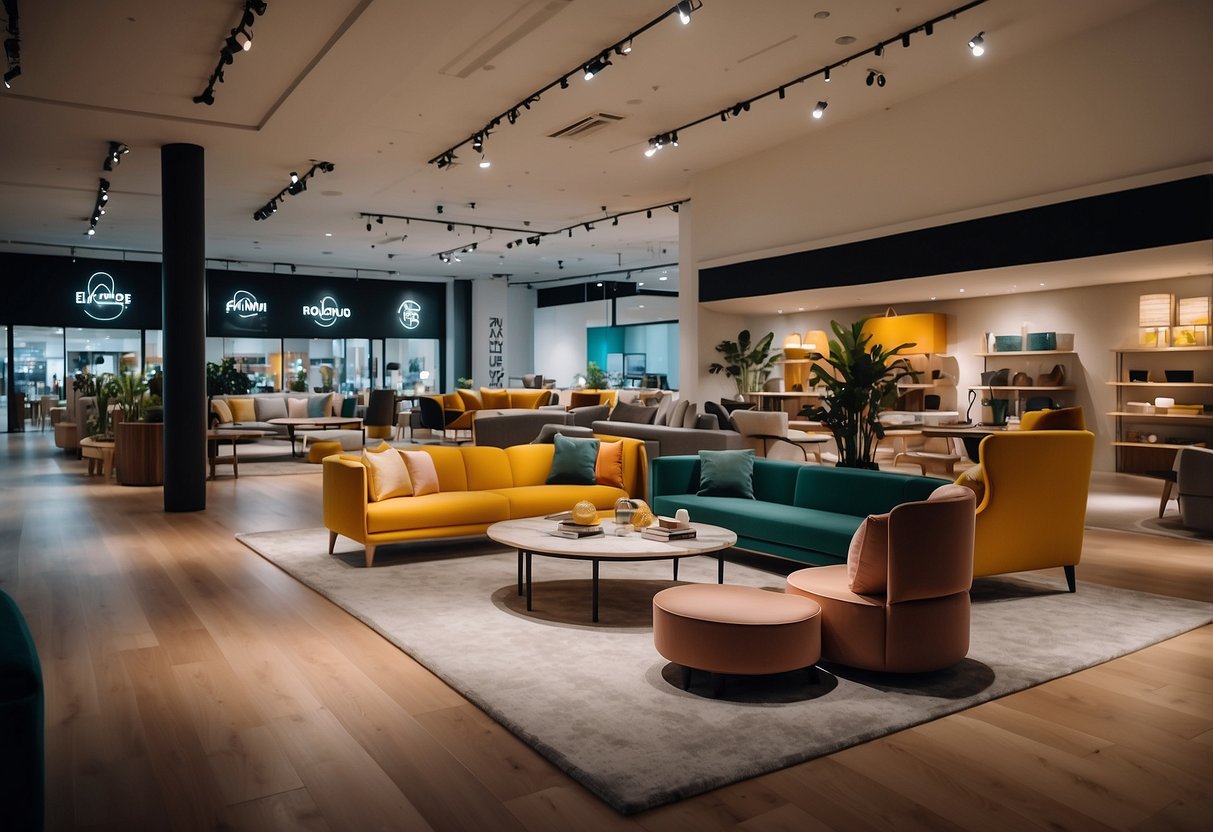 A row of modern furniture shops in IMM Singapore, with sleek displays and vibrant colors, draw in shoppers with their stylish designs