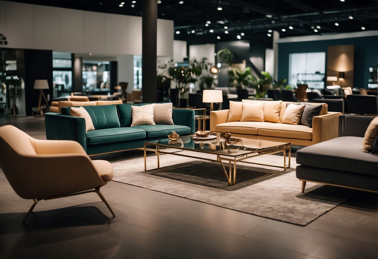 Customers browsing through modern furniture displays at IMM Singapore. Showroom filled with sleek sofas, elegant dining sets, and stylish home decor