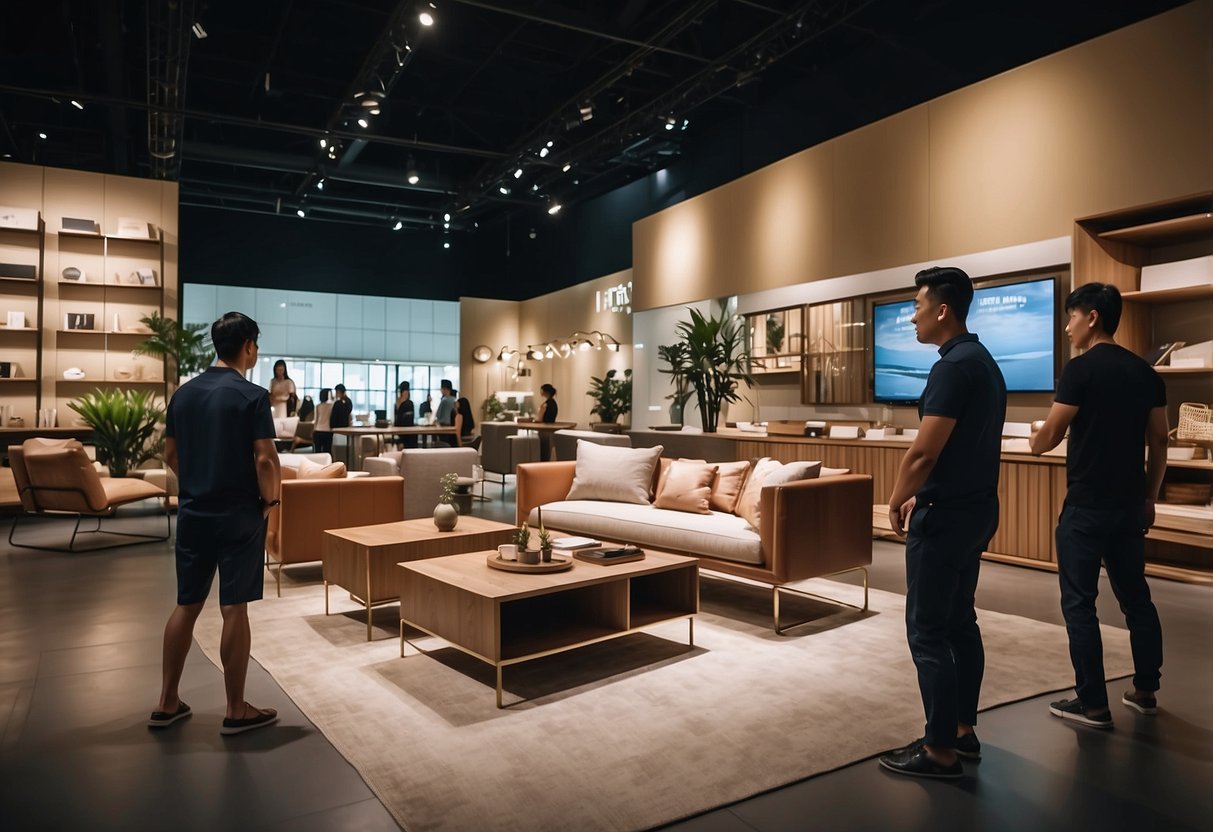 Customers browsing furniture displays at IMM Singapore, discussing options with sales staff