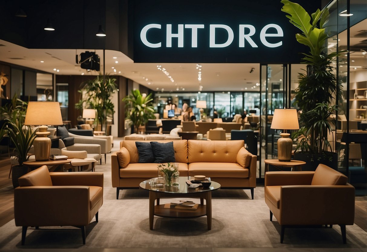 A bustling furniture shop in IMM Singapore, with customers browsing, staff assisting, and a prominent "Frequently Asked Questions" section