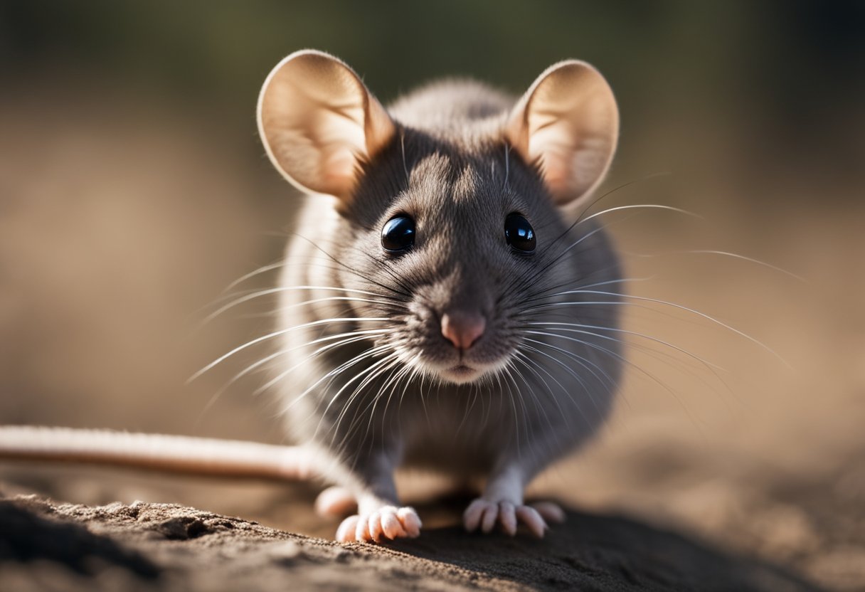 A mouse with small, round ears, a long, thin tail, and whiskers. It has a pointed snout and sharp front teeth. Its fur is brown or gray, and it has small, delicate paws