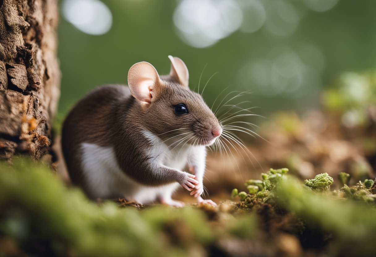 The scene shows a mouse in its natural habitat, foraging for food and displaying its physical characteristics