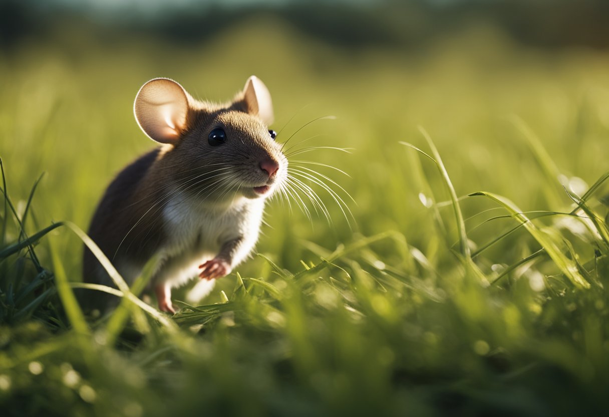 A mouse scurrying through a grassy field, with its small, round ears perked up and its long, slender tail trailing behind as it searches for food