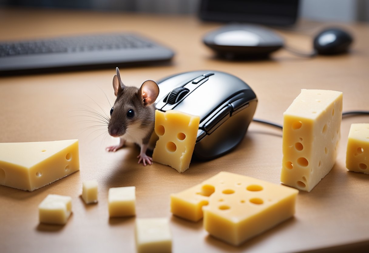 A mouse with a long tail and small ears, standing on its hind legs, surrounded by cheese and a computer mouse