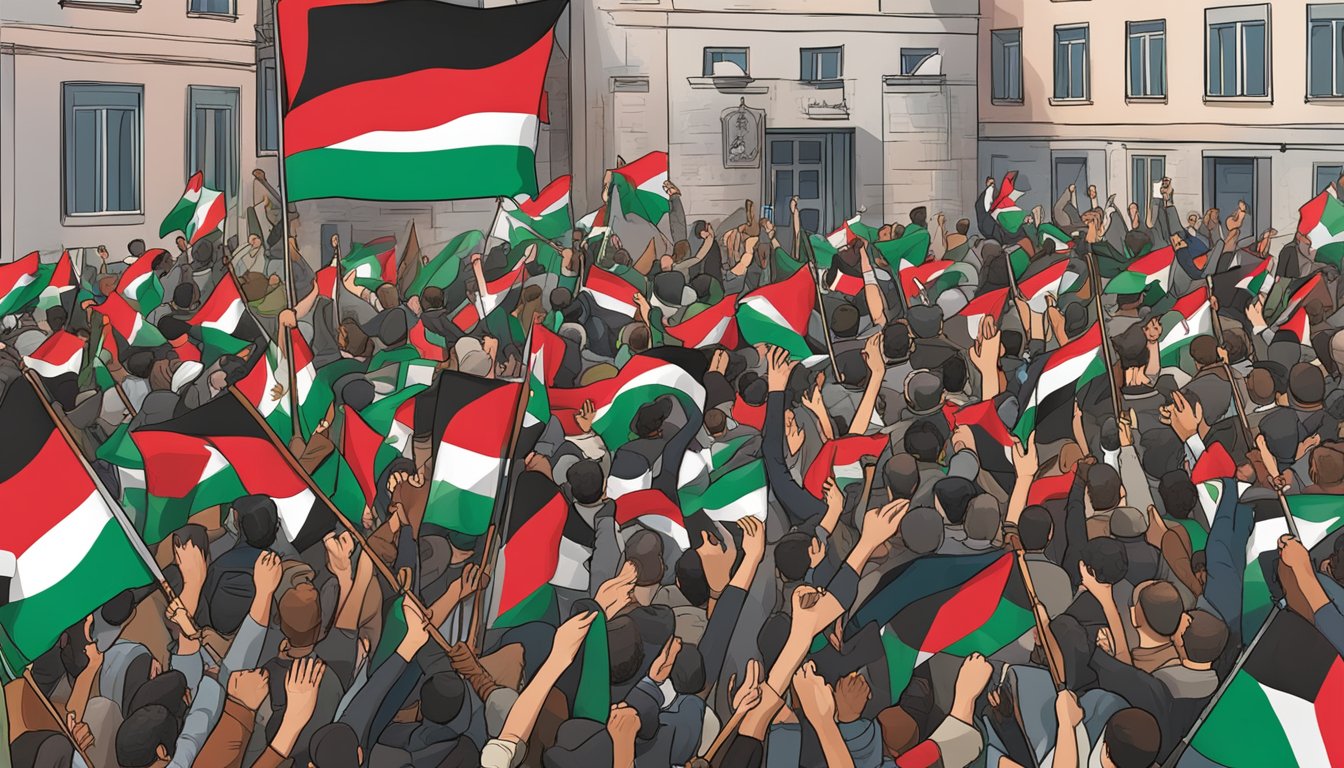 A crowd waving Palestinian flags outside Giro headquarters