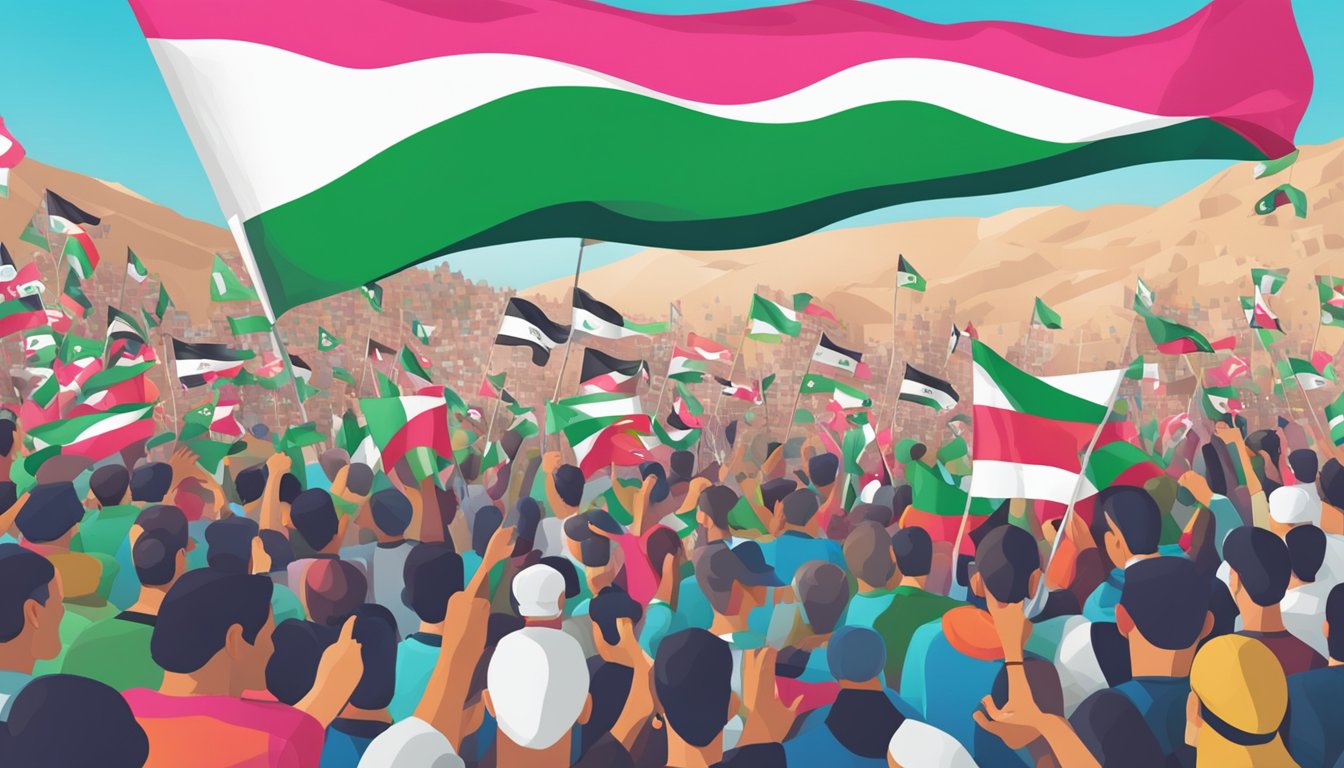 Giro logo with Palestinian flag in background, people debating