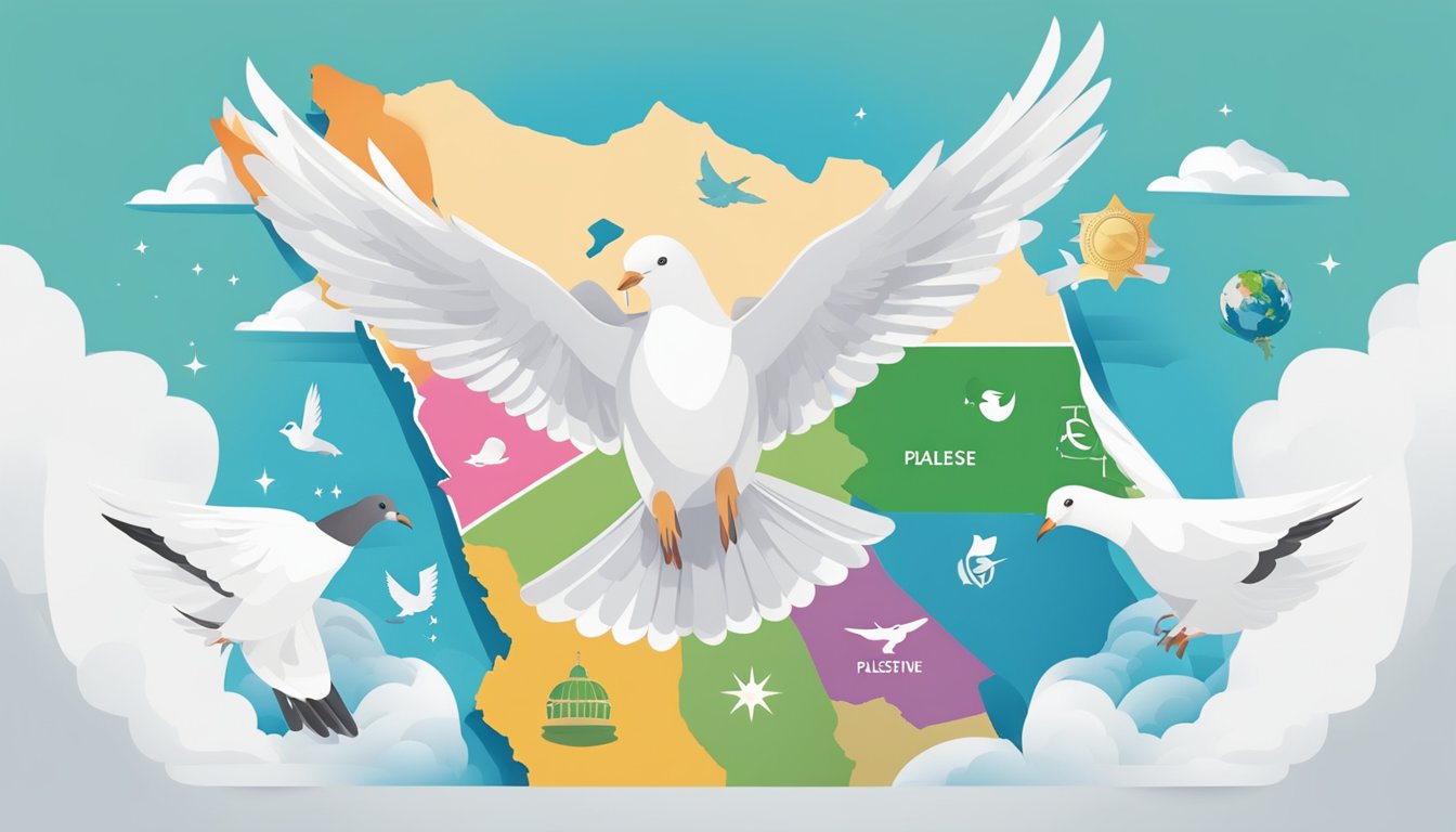 Giro symbolically supports Palestine with a dove flying over a map of the region, surrounded by symbols of peace and unity