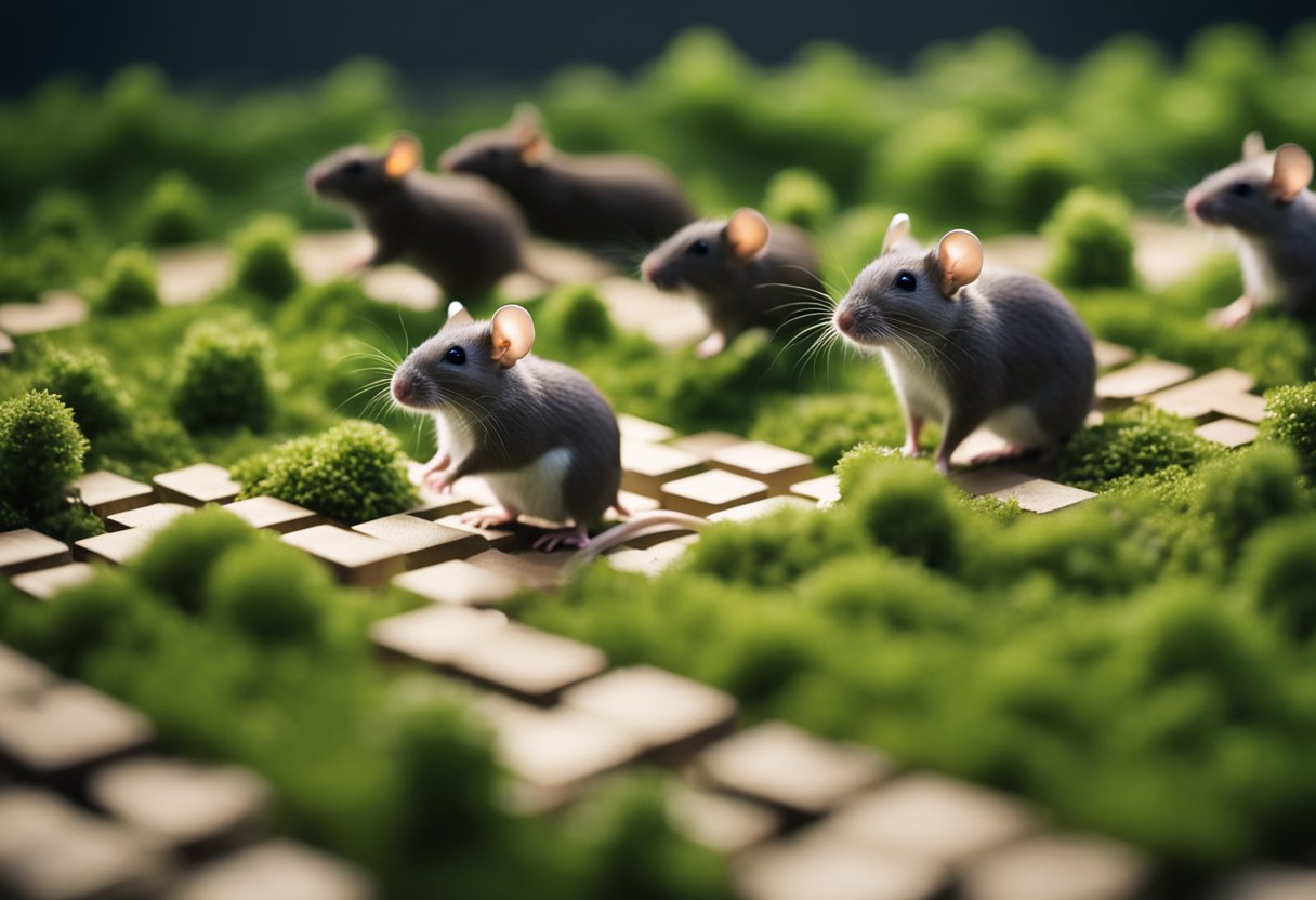 A group of mice scurrying through a maze, foraging for food and interacting with each other in their natural habitat