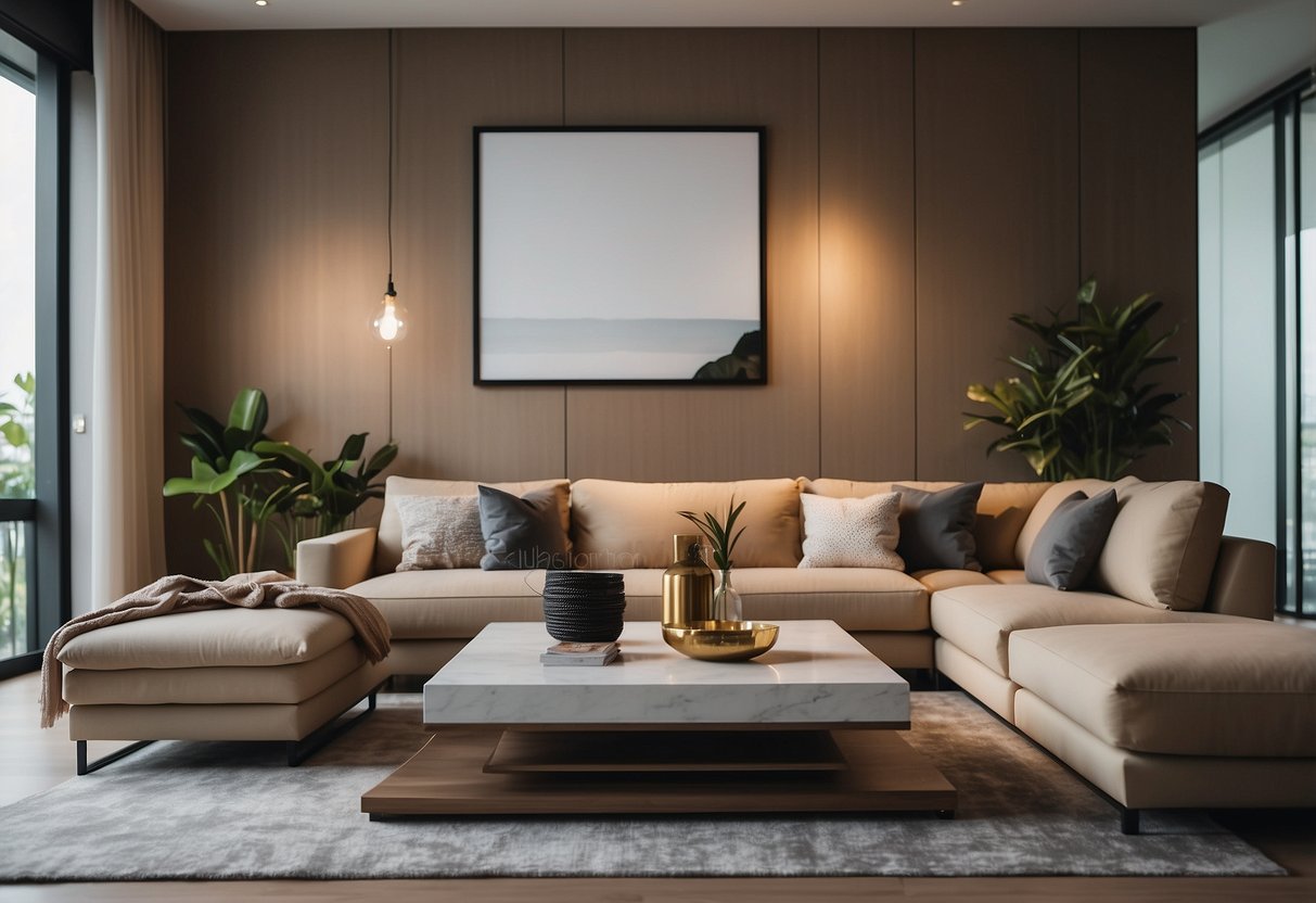 A modern living room with Ashley furniture in Singapore. Clean lines, neutral colors, and cozy ambiance