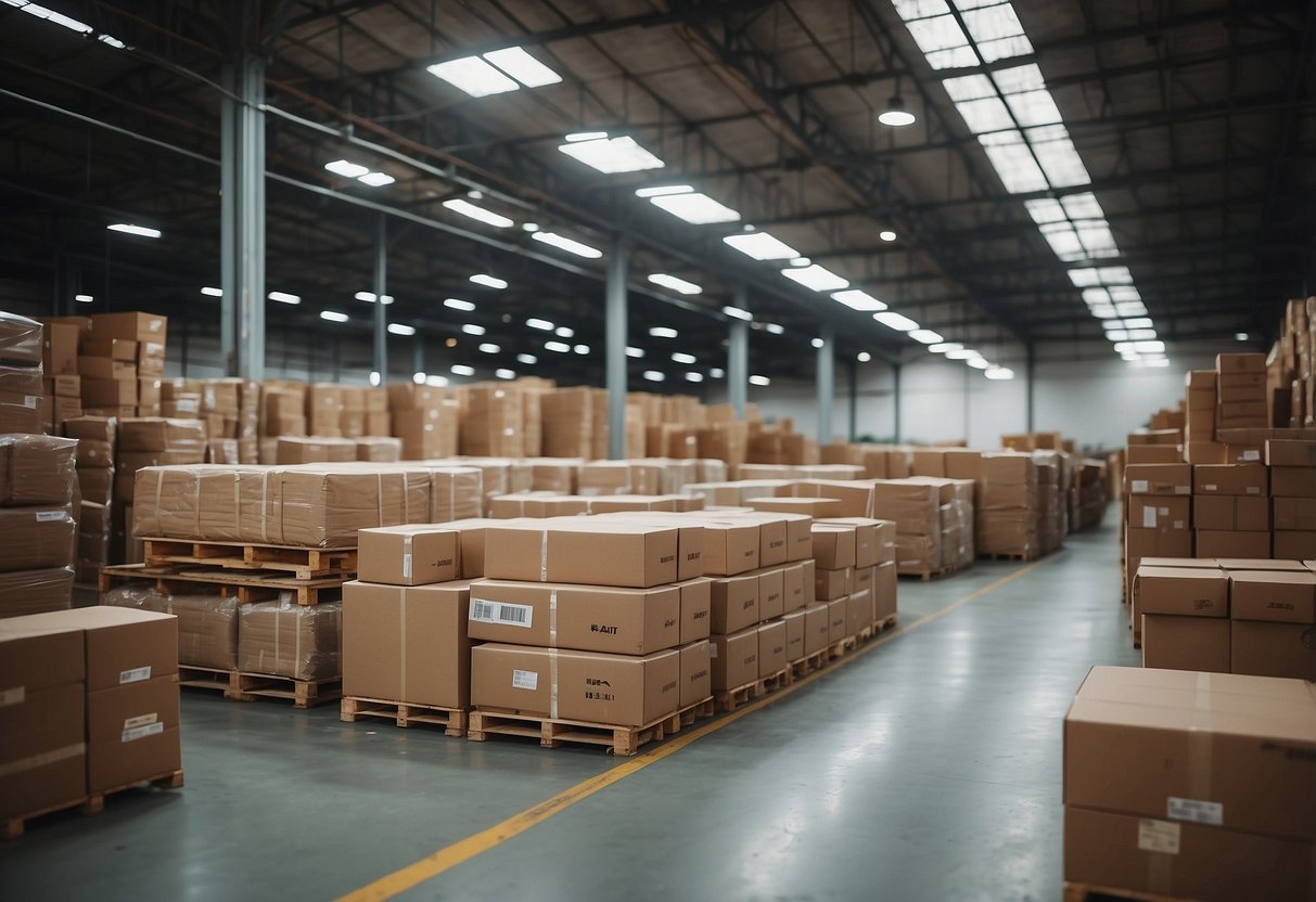 A warehouse filled with rows of neatly stacked furniture pieces, labeled "Lian Huat Furniture Rental" on each item