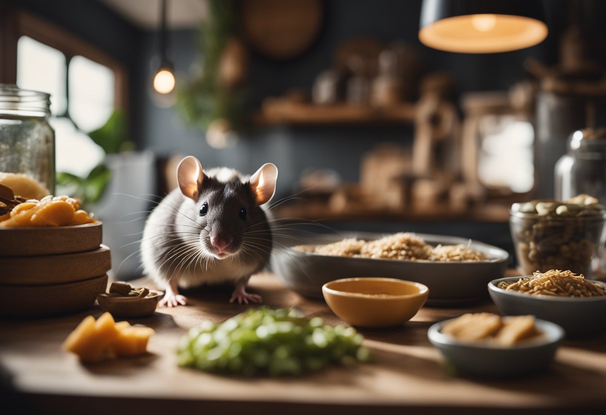 A mouse in a cozy home, surrounded by food and nesting materials