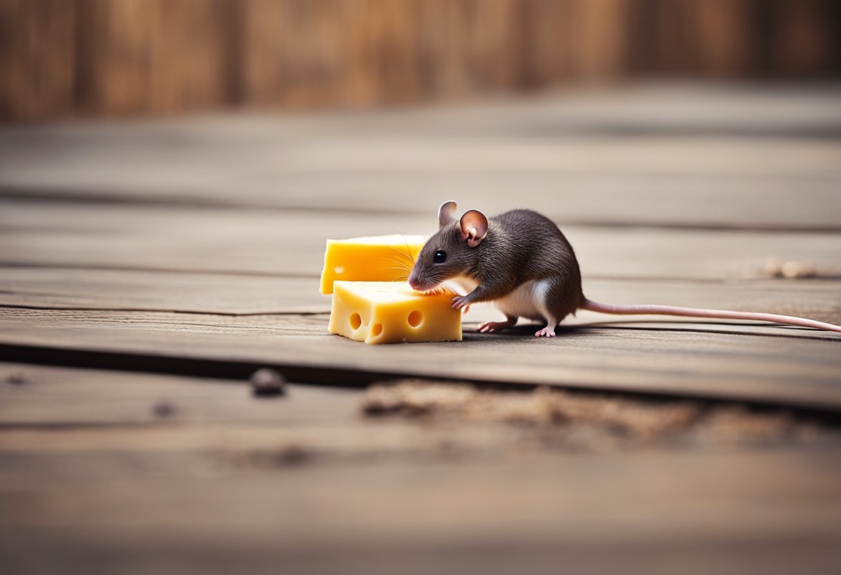 Mice control and disposal. A mouse nibbles on a piece of cheese near a trap. The trap is set on a wooden floor with a hole in the wall